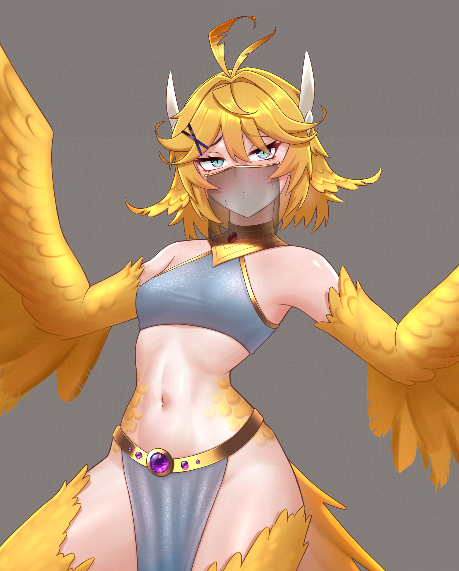 cipher4109, dokibird, indie virtual youtuber, commentary, highres, antenna hair, armpit crease, bare shoulders, bird legs, bird tail, bird wings, blonde hair, blush, breasts, embarrassed, feather hair, feather hair ornament, feathered wings, feathers, green eyes, hair between eyes, hair ornament, hairclip, harpy, monster girl, navel, pelvic curtain, see-through clothes, sidelocks, slit pupils, small breasts, stomach, tail, thighhighs, veil, virtual youtuber, winged arms, wings