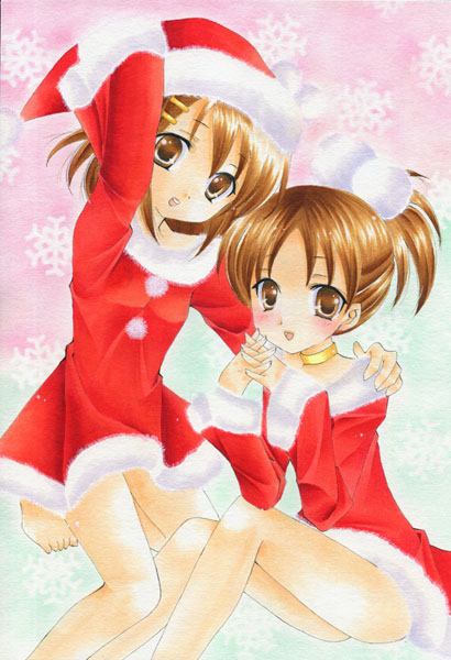 chinako, hirasawa ui, hirasawa yui, k-on!, bad id, bad pixiv id, traditional media, 00s, 2girls, bad anatomy, barefoot, brown eyes, brown hair, choker, christmas, flat chest, hat, multiple girls, ponytail, poorly drawn, santa hat, short hair, siblings, sisters