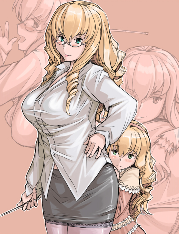 tsuda nanafushi, hinaichigo, rozen maiden, 00s, 2girls, aged up, bespectacled, blonde hair, blush, breasts, drill hair, dual persona, glasses, green eyes, hairband, hand on own hip, hip focus, large breasts, multiple girls, pencil skirt, pointer, siblings, sisters, skirt, teacher, thighhighs, zoom layer