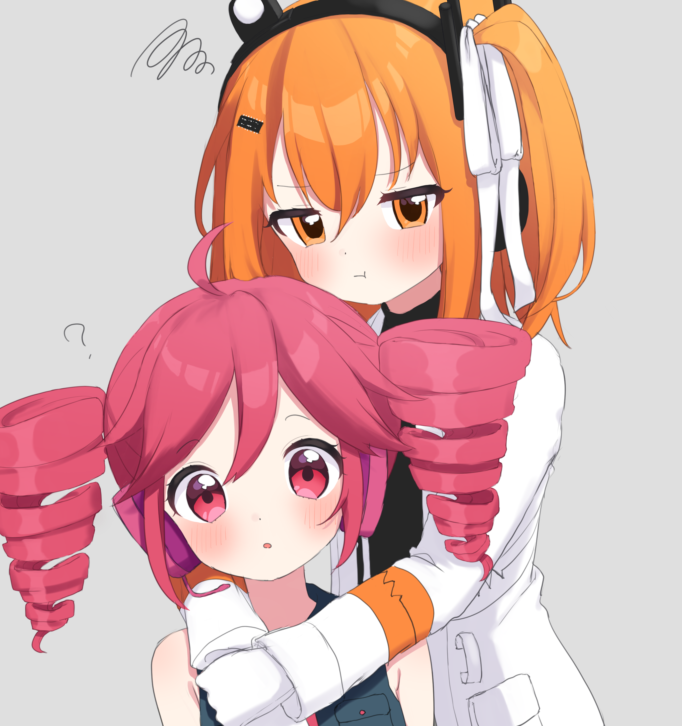 shirai sahuni, adachi rei, kasane teto, kasane teto (utau), a.i. voice, utau, absurdres, highres, 2girls, ?, ahoge, black shirt, blush, drill hair, gloves, grey background, hair ribbon, hands on another's chest, headlamp, headphones, headset, jacket, jealous, multiple girls, open clothes, open jacket, orange eyes, orange hair, ponytail, radio antenna, red eyes, red hair, ribbon, shirt, side ponytail, simple background, sleeveless, sleeveless shirt, twin drills, upper body, white gloves, white jacket, white ribbon, yuri