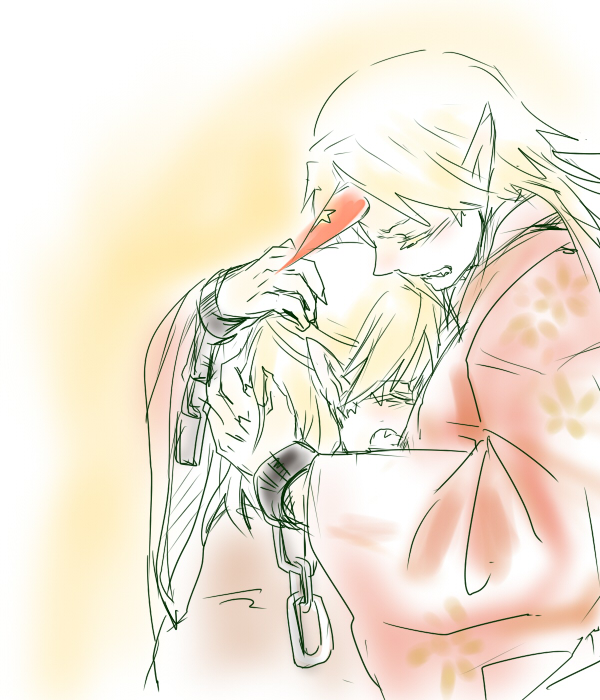 jingo kajiki, daken, hoshiguma yuugi, mizuhashi parsee, touhou, bad id, bad pixiv id, 2girls, blonde hair, chain, clenched teeth, cuffs, fangs, female focus, horns, hug, japanese clothes, kimono, long hair, multiple girls, oni, open mouth, pointy ears, sad, shackles, short hair, single horn, star (symbol), teeth, wide sleeves