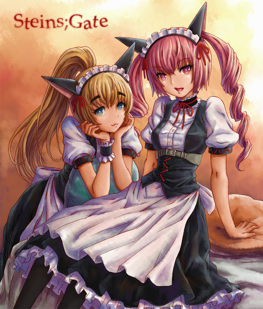 gig99, akiha rumiho, faris nyannyan, shiina mayuri, science adventure, steins;gate, 2girls, :3, animal ears, apron, blonde hair, cat ears, copyright name, drill hair, gigu, green eyes, lipstick, maid, maid apron, maid headdress, makeup, multiple girls, pantyhose, pink eyes, pink hair, sunset, twintails