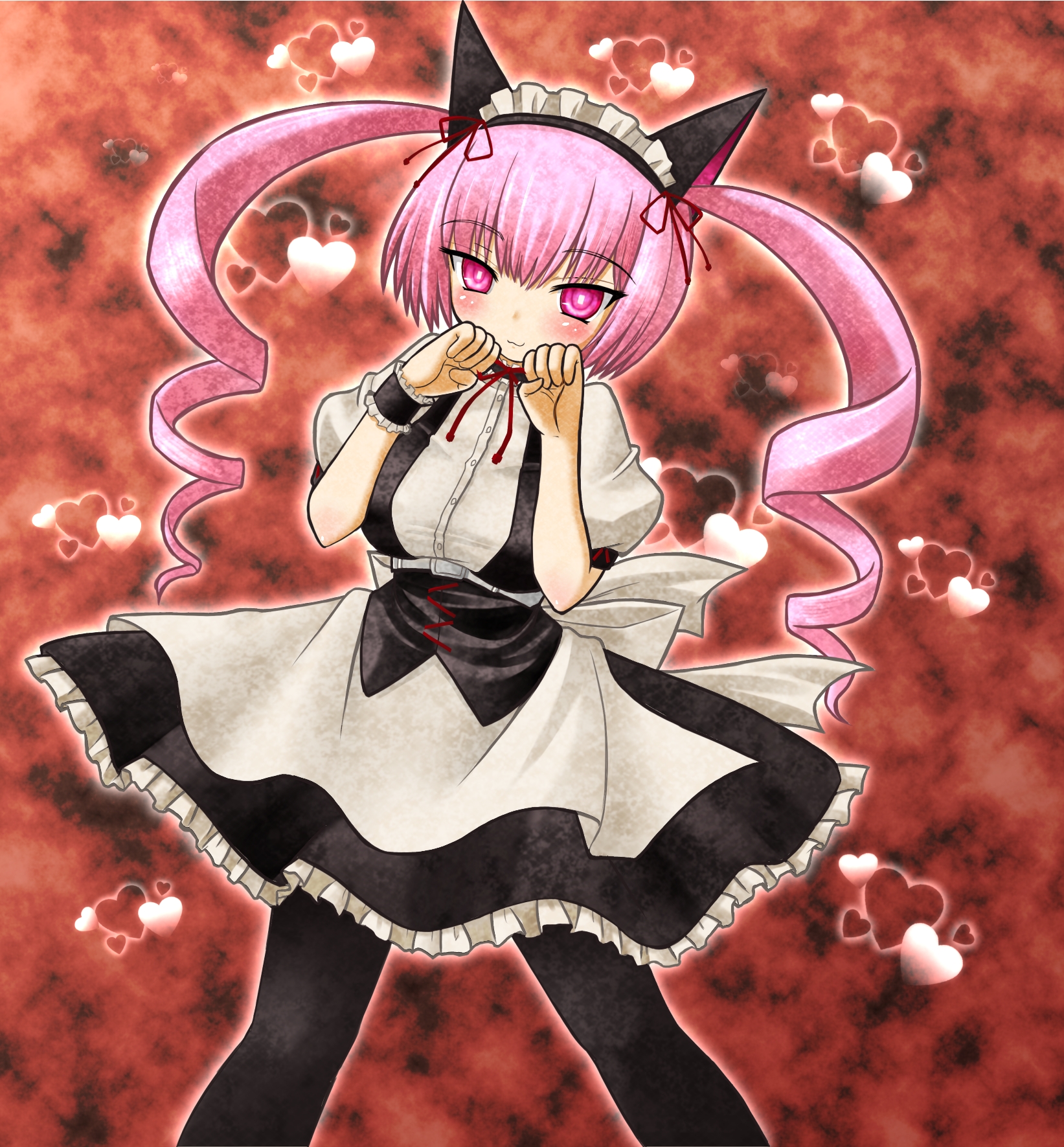 agaa (masatu), akiha rumiho, faris nyannyan, science adventure, steins;gate, highres, :3, animal ears, apron, blush, breasts, cat ears, curly hair, drill hair, fang, heart, large breasts, maid, maid apron, maid headdress, pantyhose, pink eyes, pink hair, ribbon, smile, twintails