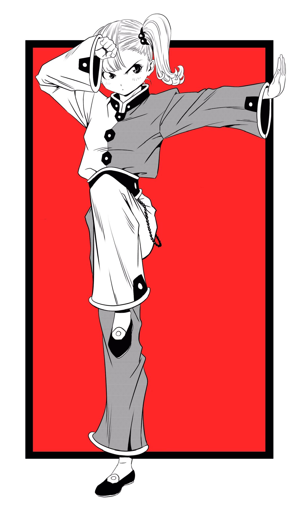 lee (dragon garou), original, commentary request, highres, 1girl, asymmetrical bangs, beads, breasts, chinese clothes, crane stance, full body, greyscale with colored background, medium breasts, outstretched arm, red background, serious, side ponytail, sleeves past wrists, solo, standing, standing on one leg, tangzhuang, v-shaped eyebrows