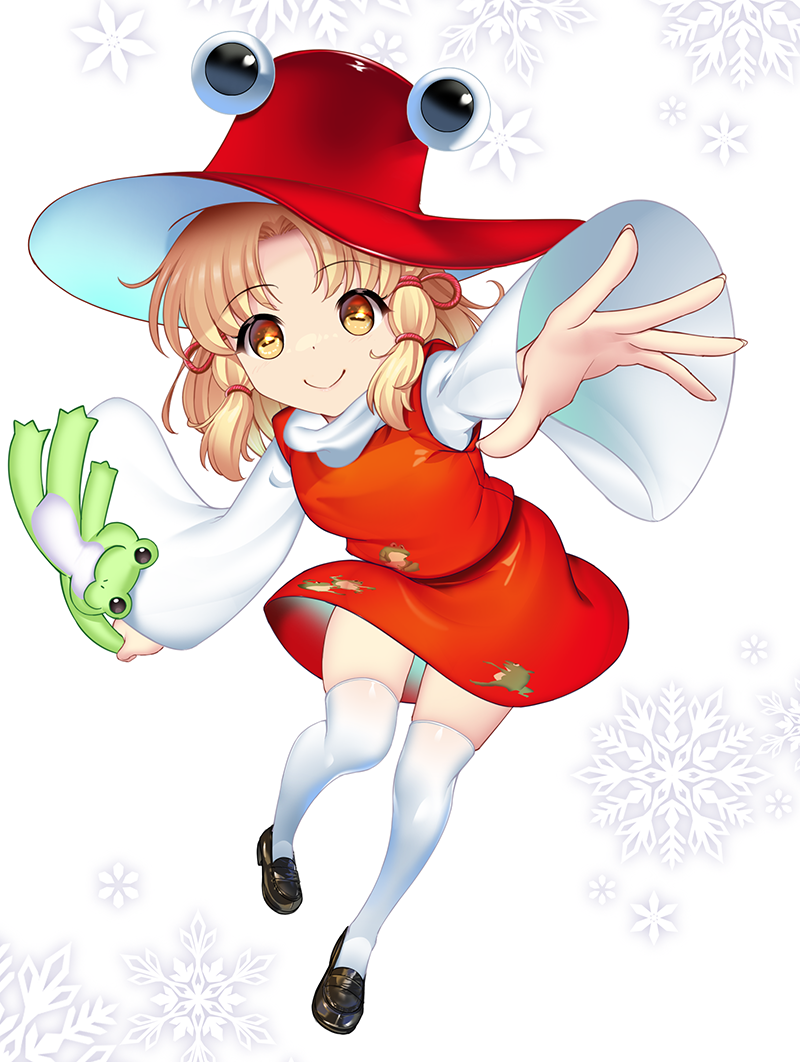 hataraki kuma, moriya suwako, touhou, animal print, black shoes, blonde hair, brown eyes, christmas, dress, frog print, full body, hat, holding, holding stuffed toy, looking at viewer, offering hand, red dress, red hat, shoes, short hair, smile, stuffed animal, stuffed toy, thighhighs, white background, white thighhighs