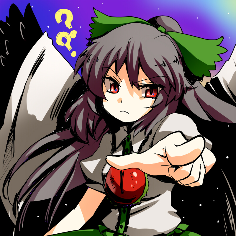 niji (nijioki), reiuji utsuho, touhou, 1girl, ?, black hair, female focus, gradient background, red eyes, ribbon, skirt, solo