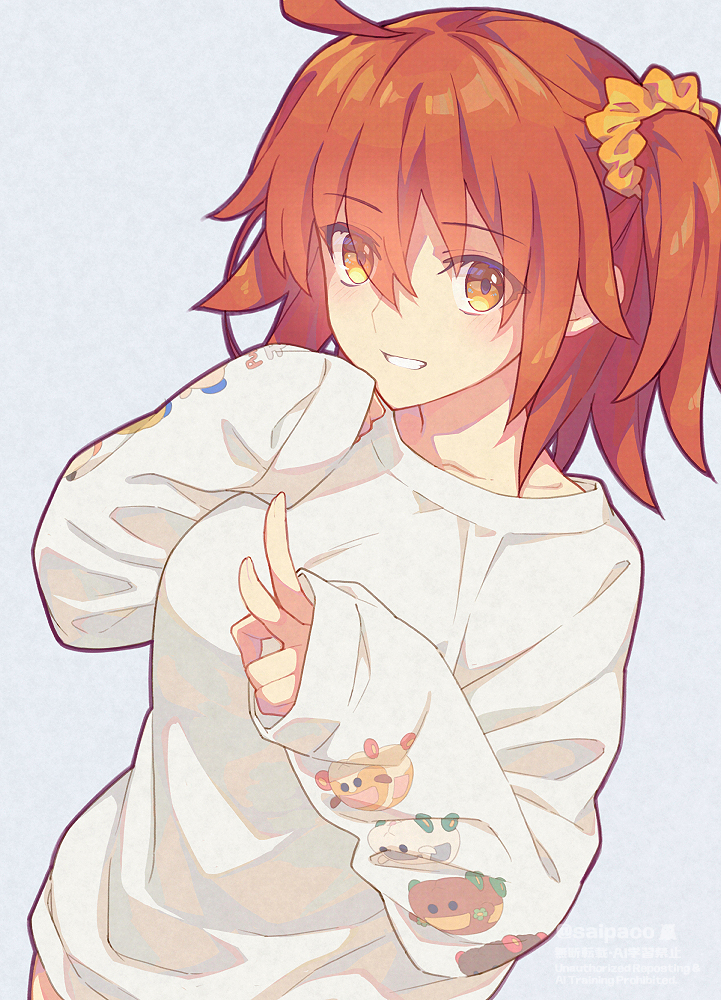 saipaco, fujimaru ritsuka (female), fate/grand order, fate (series), 1girl, ahoge, blush, breasts, grin, hair ornament, hair scrunchie, long sleeves, looking at viewer, medium breasts, one side up, orange eyes, orange hair, orange scrunchie, scrunchie, shirt, short hair, smile, solo, v, white shirt