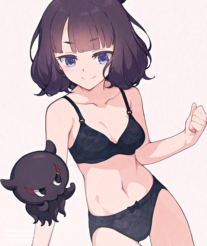 saipaco, katsushika hokusai (fate), toto-sama (fate), fate/grand order, fate (series), 1girl, bare shoulders, black bra, black panties, blue eyes, blush, bra, breasts, cleavage, collarbone, hair bun, medium breasts, navel, octopus, panties, purple hair, short hair, smile, thighs, underwear