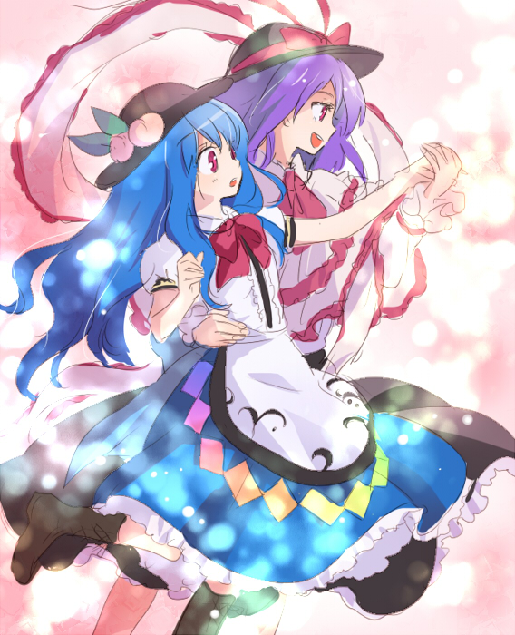 machiko (beard), hinanawi tenshi, nagae iku, touhou, 2girls, dancing, female focus, hat, long hair, multiple girls