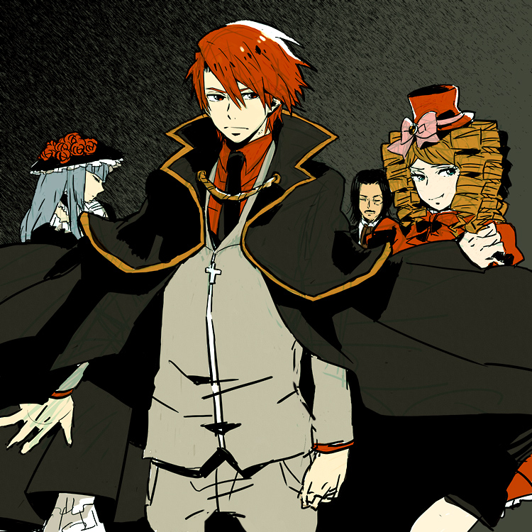 sana (artist), sanada (sappu), gaap (umineko), ronove (umineko), ushiromiya battler, virgilia (umineko), umineko no naku koro ni, silver hair, bad id, bad pixiv id, spoilers, 00s, 2boys, 2girls, black hair, blonde hair, cape, choker, dress, drill hair, flower, frills, hat, monocle, multiple boys, multiple girls, necktie, red hair, rose, top hat