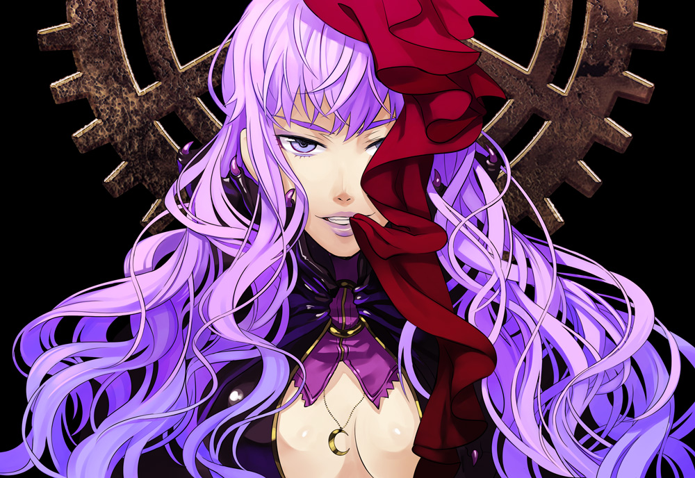 osamu (jagabata), sheryl nome, macross, macross frontier, macross frontier: itsuwari no utahime, md5 mismatch, resolution mismatch, source smaller, 00s, 1girl, blue eyes, breasts, cleavage, eyeshadow, female focus, gears, hair ornament, jewelry, lipstick, long hair, makeup, mouth hold, necklace, purple hair, ribbon, solo