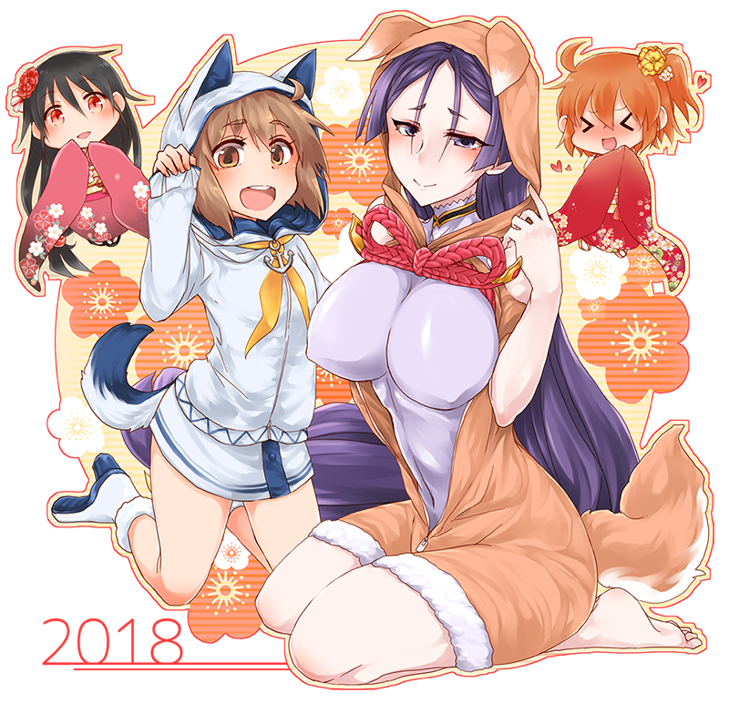 suna kiririto, fujimaru ritsuka (female), minamoto no raikou (fate), yukikaze (kancolle), fate/grand order, fate (series), kantai collection, character request, 2018, 4girls, anchor necklace, animal hood, breasts, brown eyes, brown hair, chibi, chinese zodiac, crossover, dog hood, dress, hood, hooded jacket, jacket, japanese clothes, jewelry, kimono, kneeling, large breasts, long hair, multiple girls, necklace, open clothes, open mouth, paw pose, purple eyes, purple hair, round teeth, seiza, short hair, sitting, smile, teeth, upper teeth only, very long hair, white dress, white jacket, year of the dog