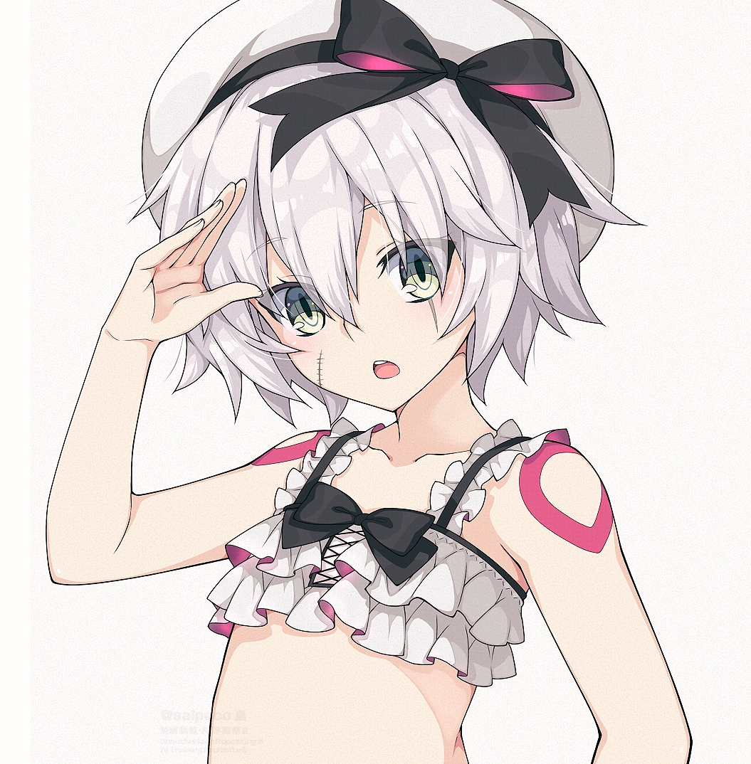 saipaco, jack the ripper (fate/apocrypha), fate/grand order, fate (series), 1girl, bare shoulders, beret, bikini, breasts, facial scar, frilled bikini, frills, green eyes, hair between eyes, hat, looking at viewer, open mouth, scar, scar across eye, scar on cheek, scar on face, short hair, shoulder tattoo, small breasts, solo, swimsuit, tattoo, white bikini, white hair, white hat