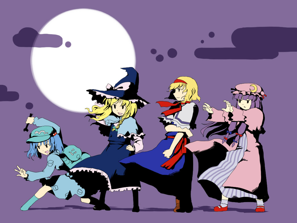yanagihara tantoui, alice margatroid, kawashiro nitori, kirisame marisa, patchouli knowledge, subterranean animism, touhou, 4girls, blonde hair, blue dress, contrapposto, dress, female focus, flat cap, full moon, hat, long hair, mob cap, moon, multiple girls, purple background, purple hair, short hair, simple background, standing, two side up, very long hair, witch hat