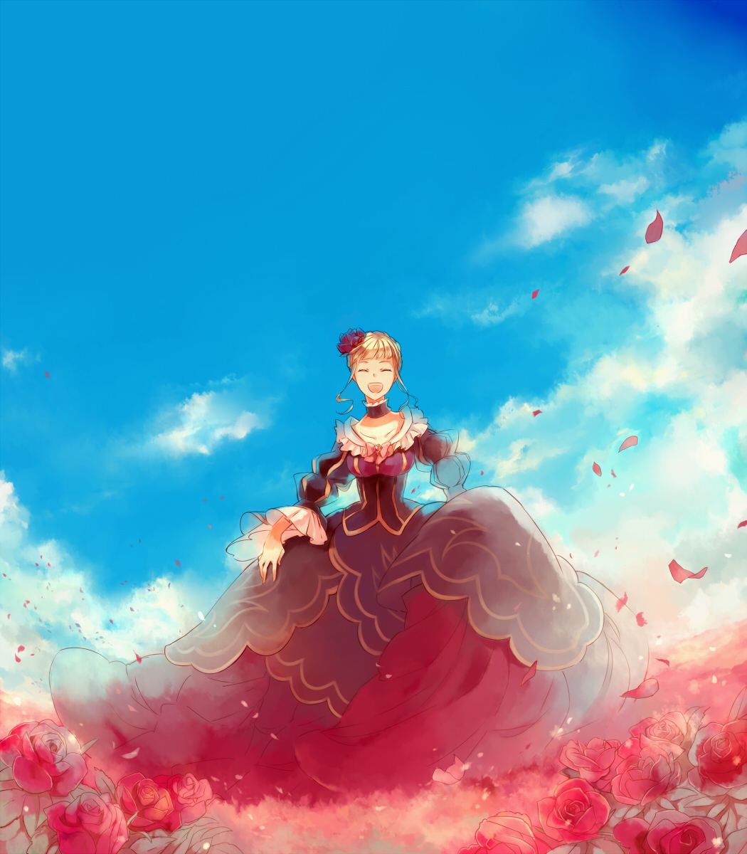 ayko, oono eiko, beatrice (umineko), umineko no naku koro ni, bad id, bad pixiv id, highres, 00s, 1girl, blonde hair, day, dress, female focus, flower, hair flower, hair ornament, happy, nature, open mouth, outdoors, ribbon, rose, short hair, sky, solo