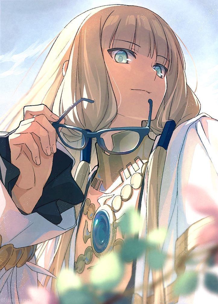 saipaco, noah (fate), noah (third ascension) (fate), fate/grand order, fate (series), 1boy, aqua eyes, blonde hair, blue sky, brooch, glasses, gold trim, jewelry, long hair, long sleeves, looking at viewer, neck ring, robe, sky, smile, solo, very long hair, white robe