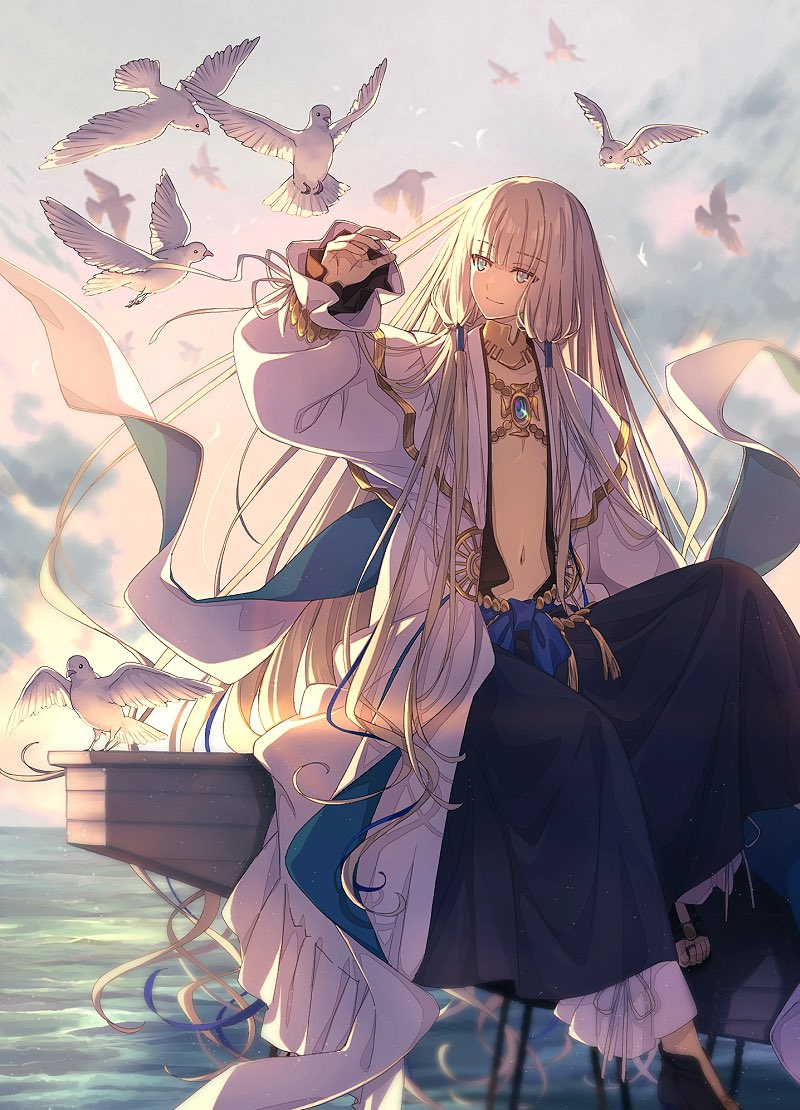 saipaco, noah (fate), noah (third ascension) (fate), fate/grand order, fate (series), 1boy, aqua eyes, backlighting, belly chain, bird, black robe, blonde hair, blue sky, boat, brooch, gold trim, jewelry, long hair, long sleeves, navel, neck ring, ocean, robe, sash, sky, smile, solo, very long hair, watercraft, white robe