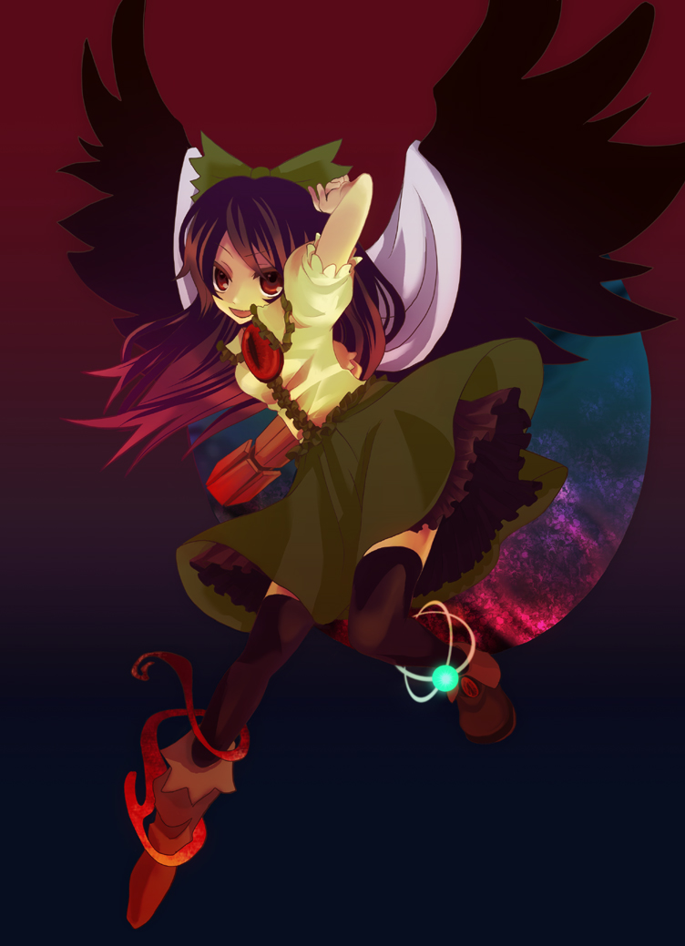 musou yuchi, reiuji utsuho, touhou, 1girl, female focus, full body, gradient background, long hair, red eyes, skirt, solo