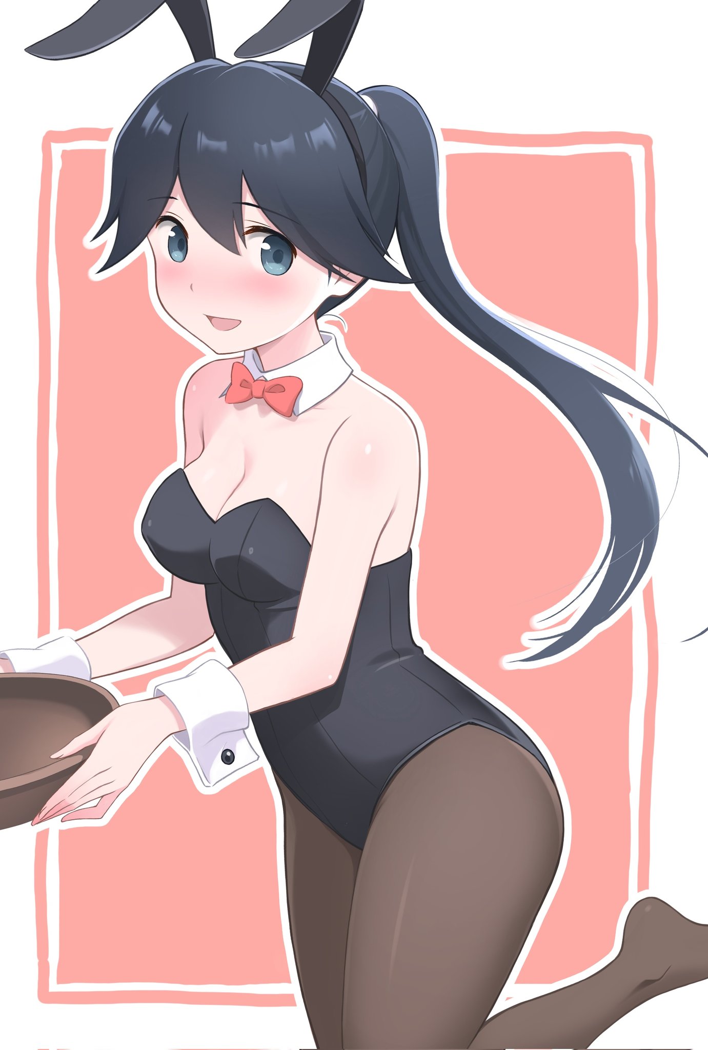 azuki-iro, houshou (kancolle), kantai collection, highres, 1girl, alternate costume, animal ear hairband, animal ears, black hair, black leotard, black pantyhose, blue eyes, bow, bowtie, breasts, cleavage, detached collar, fake animal ears, hairband, leotard, long hair, medium breasts, pantyhose, playboy bunny, ponytail, rabbit ears, red bow, red bowtie, solo, strapless, strapless leotard, tray, wrist cuffs