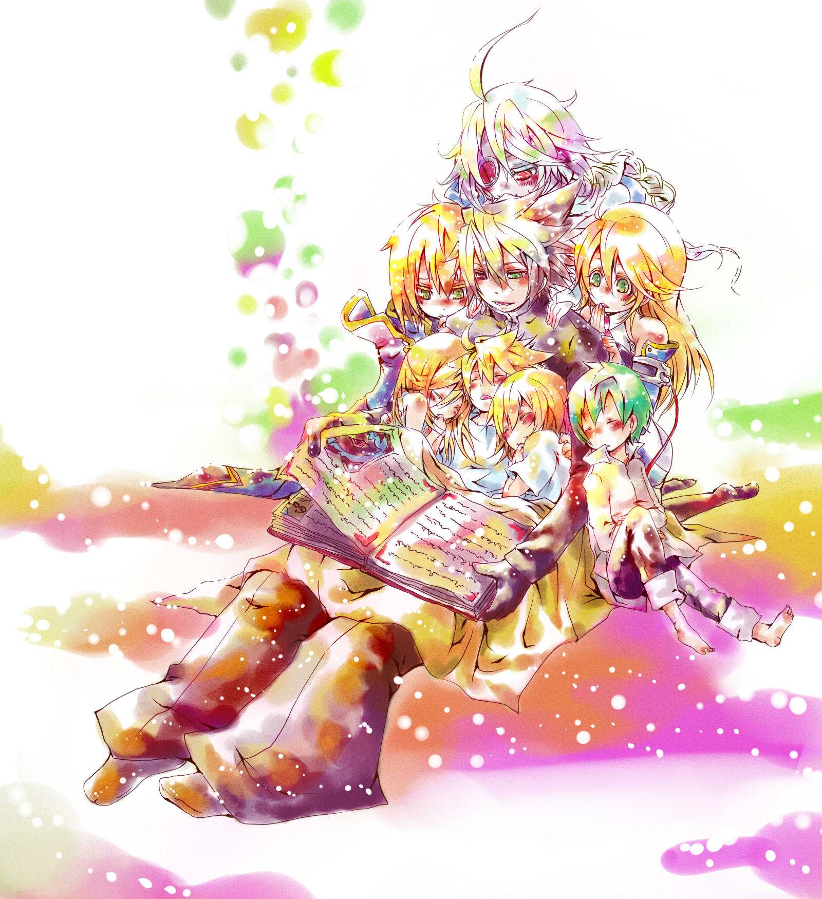 kuro yuzu, hazama, kisaragi jin, noel vermillion, nu-13, ragna the bloodedge, saya (blazblue), arc system works, blazblue, blazblue: calamity trigger, silver hair, bad id, bad pixiv id, highres, 4boys, 4girls, ahoge, blonde hair, book, braid, child, eyepatch, green eyes, green hair, heterochromia, long hair, multiple boys, multiple girls, red eyes, single braid, time paradox