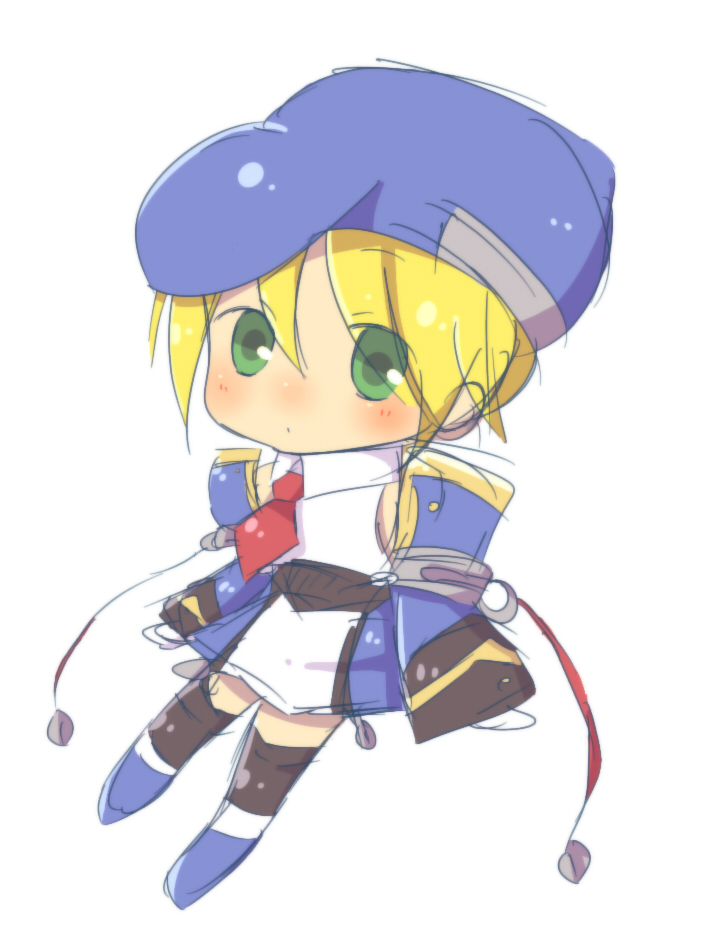 star01, noel vermillion, arc system works, blazblue, 1girl, beret, blonde hair, blue boots, boots, chibi, detached sleeves, female focus, green eyes, hat, solo, thighhighs