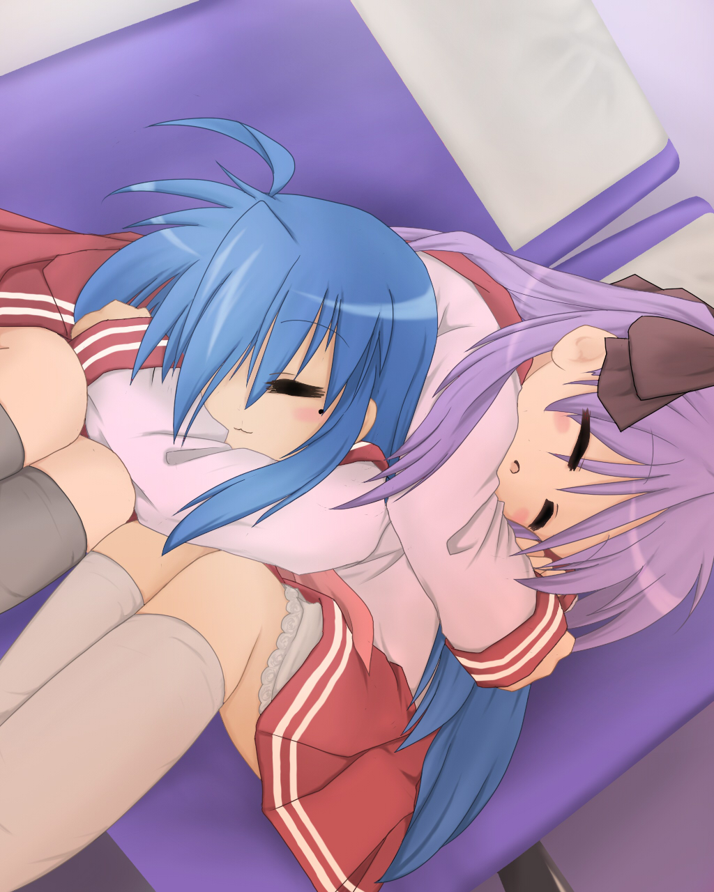 shinto i, hiiragi kagami, izumi konata, lucky star, highres, 00s, 2girls, ahoge, blue hair, closed eyes, dutch angle, hair ribbon, long hair, mole, mole under eye, multiple girls, open mouth, purple hair, ribbon, school uniform, serafuku, sleeping, twintails