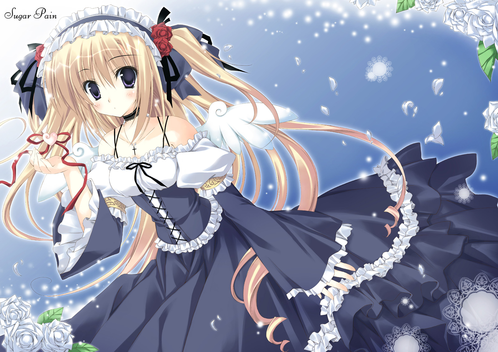 korie riko, original, bad id, bad pixiv id, highres, blonde hair, blush, choker, corset, dress, flower, frills, gothic lolita, hairband, heart, lolita fashion, long hair, petals, purple eyes, rose, solo, twintails, very long hair, wind, wings