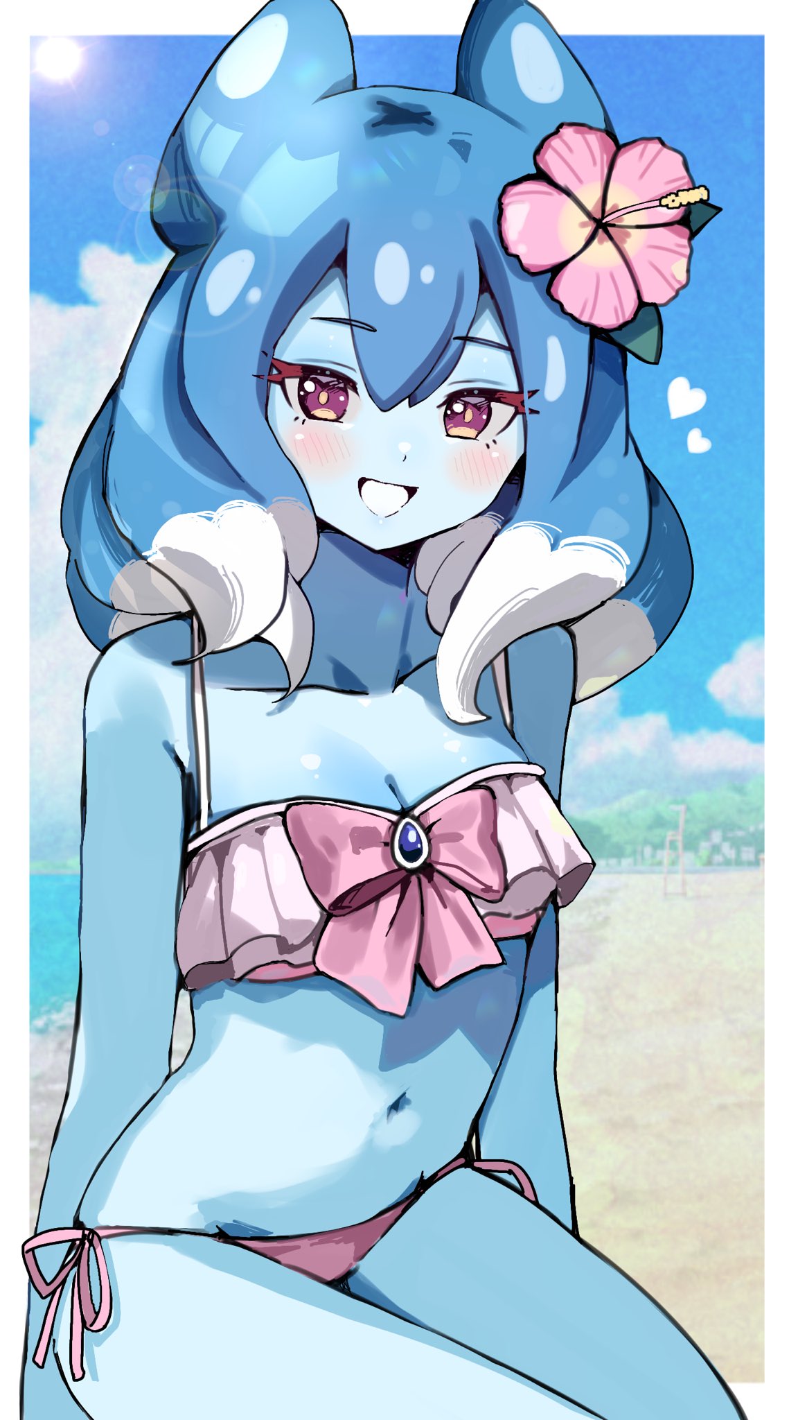 mirina1219, powai pichori, inazuma eleven go, inazuma eleven go galaxy, twitter, 1girl, alternate costume, beach, bikini, blue hair, blue skin, blue sky, blush, colored skin, looking at viewer, navel, ocean, red eyes, sky, solo, swimsuit