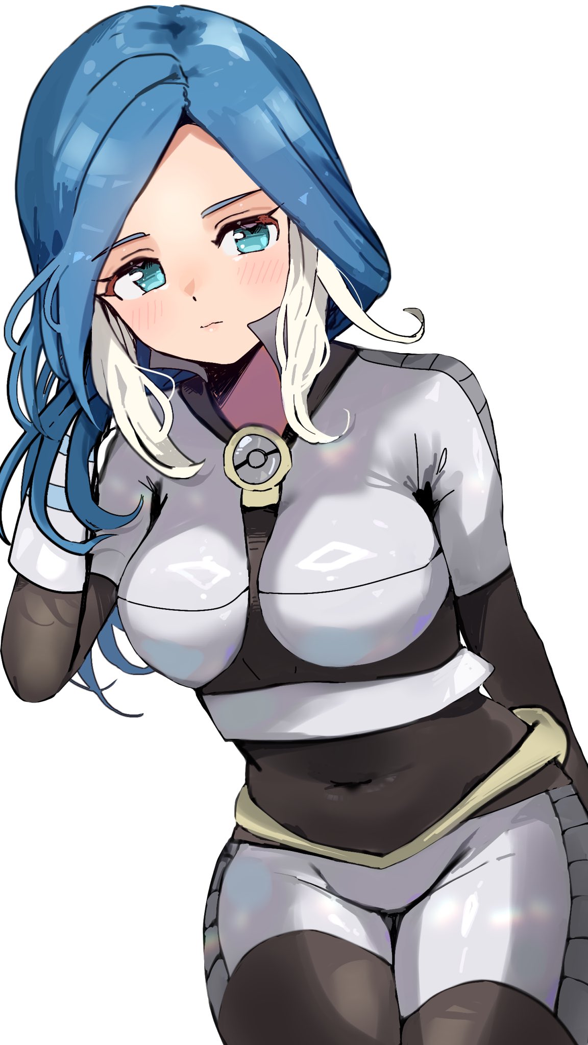 mirina1219, yagami reina, inazuma eleven (series), twitter, highres, 1girl, blue eyes, blue hair, bodysuit, breasts, large breasts, long hair, looking at viewer, simple background, solo, white background