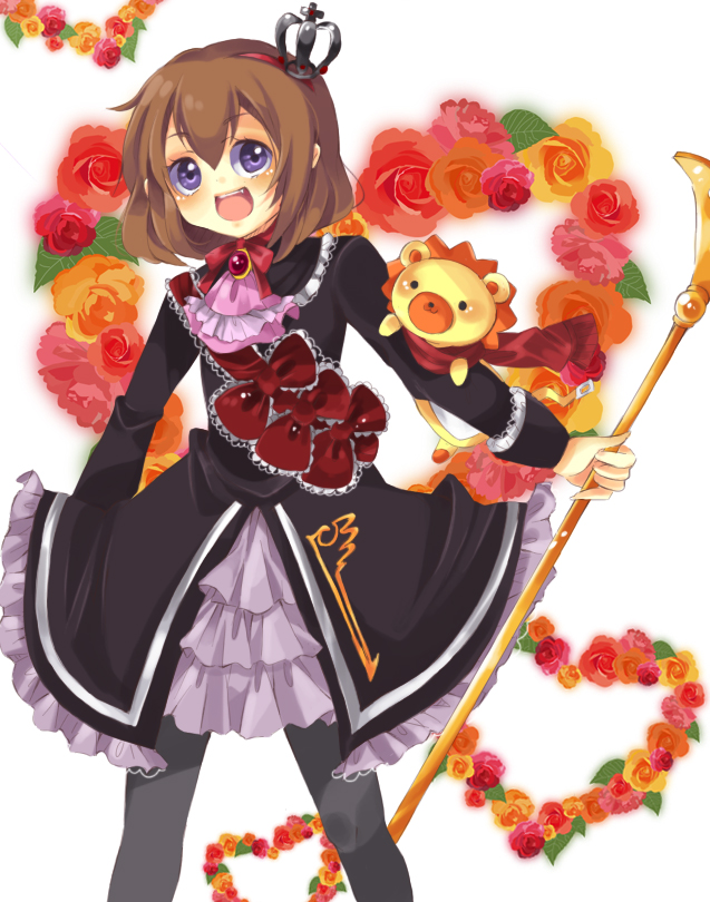 hoe satsuki, maria (umineko), sakutarou (umineko), umineko no naku koro ni, bad id, bad pixiv id, 00s, blush, bow, bowtie, crown, dress, flower, frills, heart, pantyhose, purple eyes, rose, smile, solo, staff