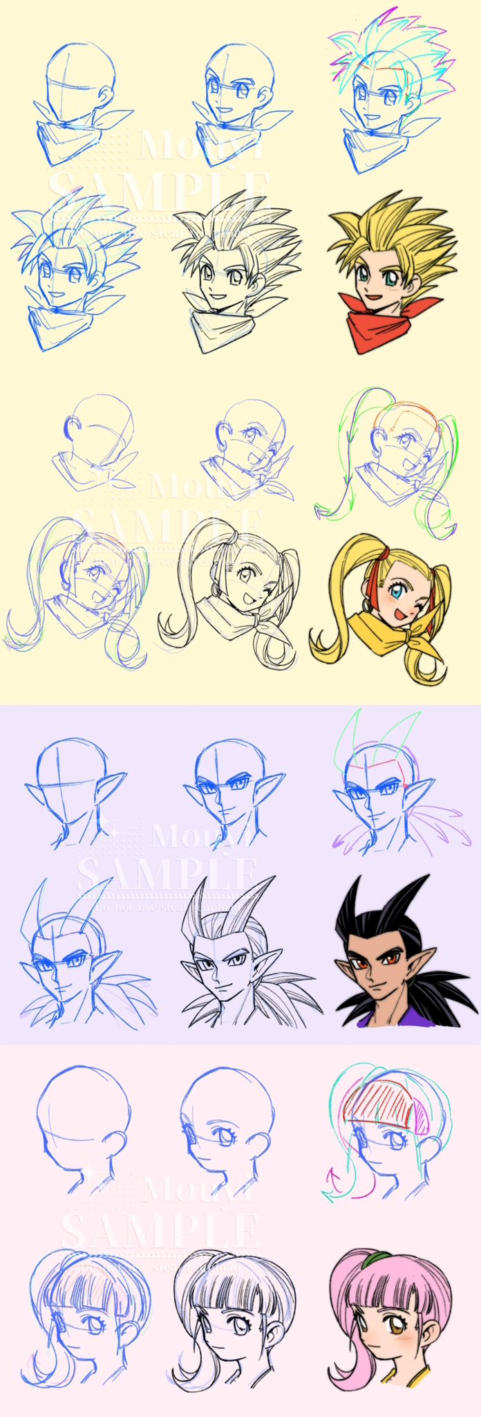 mouyi, female builder (dqb2), male builder (dqb2), ruru (dqb2), sidoh (dqb2), dragon quest, dragon quest builders 2, highres, 2boys, 2girls, antenna hair, black hair, blonde hair, blue eyes, blunt bangs, closed mouth, cropped head, hair ribbon, low ponytail, multiple boys, multiple girls, neckerchief, necktie, one eye closed, open mouth, parted bangs, pink eyes, pink hair, pointy ears, ponytail, red eyes, red necktie, red ribbon, ribbon, side ponytail, sketch, smile, spiked hair, twintails, yellow neckerchief