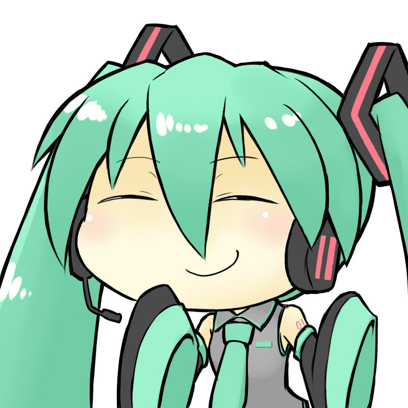 rif, hatsune miku, vocaloid, bad id, bad pixiv id, chibi, detached sleeves, green hair, long hair, necktie, smirk, solo, twintails