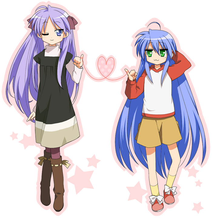daitabashi kinu, hiiragi kagami, izumi konata, lucky star, bad id, bad pixiv id, 00s, 2girls, :3, ahoge, blue eyes, blue hair, casual, green eyes, hair ribbon, heart, heart of string, long hair, mole, mole under eye, multiple girls, one eye closed, pantyhose, purple eyes, purple hair, raglan sleeves, ribbon, smile, string, string of fate, tsurime, twintails, very long hair, wink, yuri