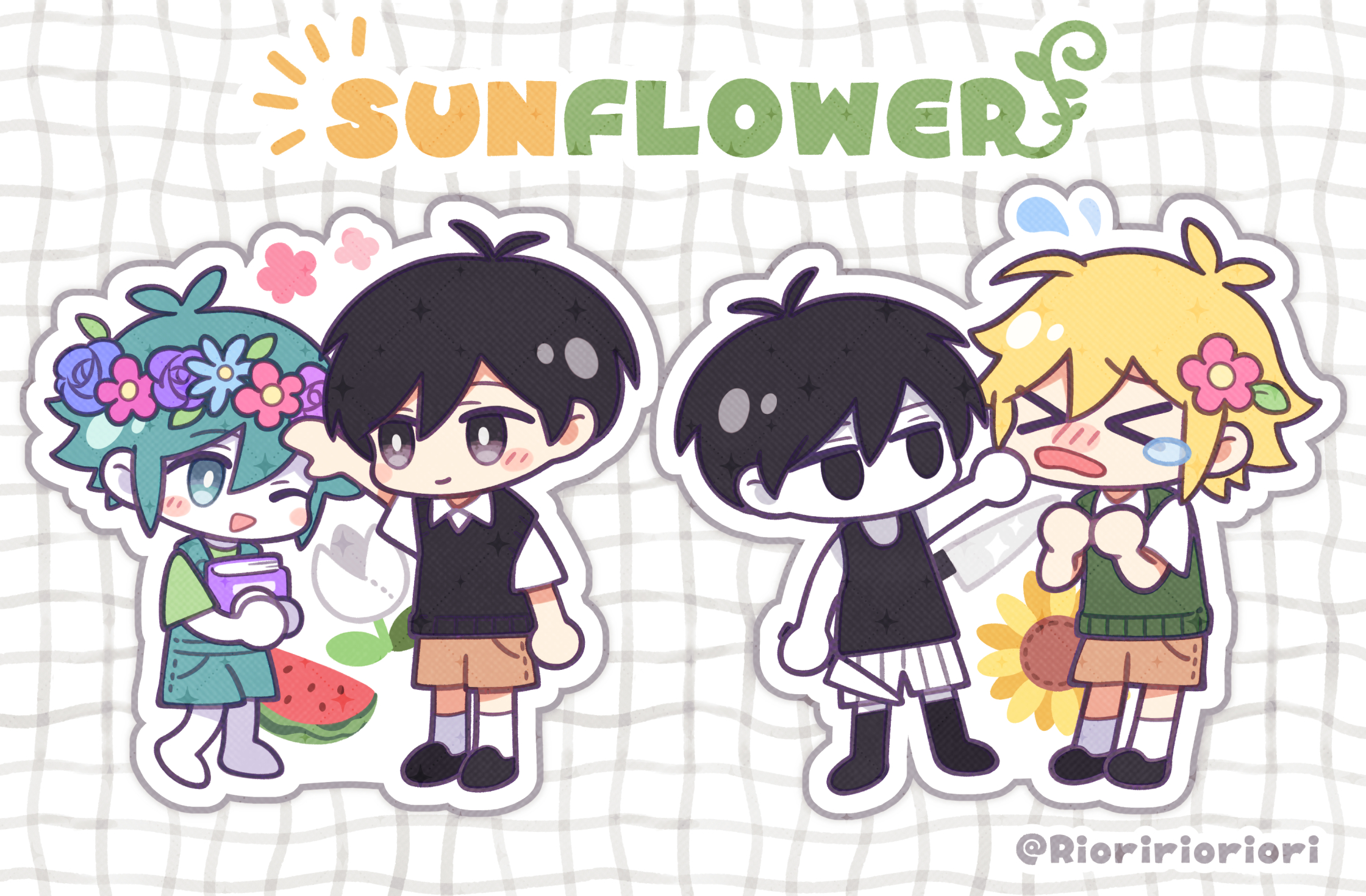 basil (faraway) (omori), basil (headspace) (omori), basil (omori), omori (omori), sunny (omori), omori, highres, > <, 4boys, antenna hair, artist name, barefoot, black shoes, black socks, black sweater vest, black tank top, blonde hair, blue overalls, blush, book, bright pupils, brown shorts, cheek pull, chibi, chibi only, closed mouth, collared shirt, colored skin, double-parted bangs, dual persona, flower, flower wreath, flying sweatdrops, food, fruit, green eyes, green hair, green shirt, green sweater vest, hair between eyes, hair flower, hair ornament, hand on another's head, head wreath, headpat, holding, holding book, holding knife, kneehighs, knife, looking at another, male focus, multiple boys, no mouth, one eye closed, open mouth, overall shorts, overalls, rioririoriori, ship name, shirt, shoes, short sleeves, shorts, sidelocks, smile, socks, striped clothes, striped shorts, sweater vest, t-shirt, tank top, tearing up, triangle mouth, twitter username, vertical-striped clothes, vertical-striped shorts, watermelon, watermelon slice, white pupils, white shirt, white shorts, white skin, white socks