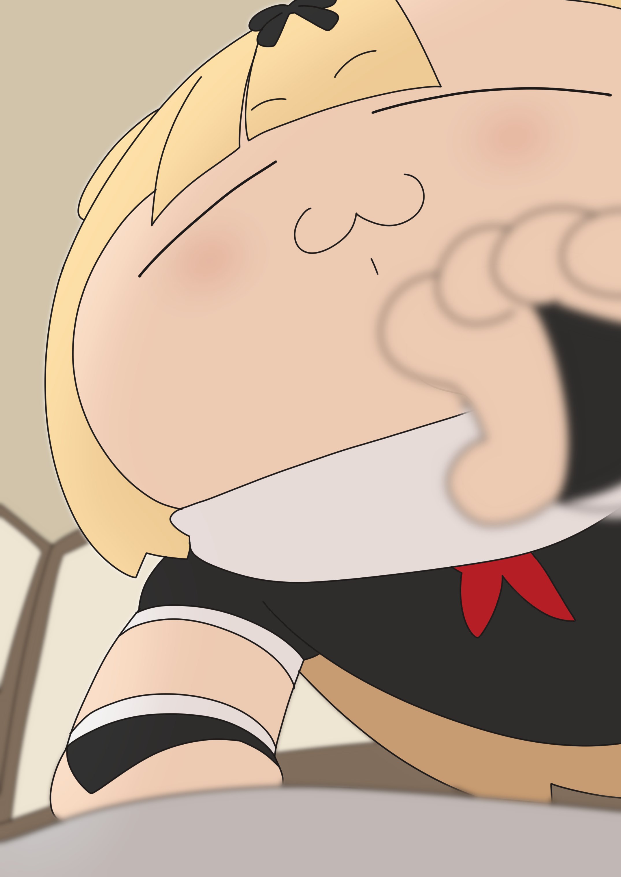 kloah, yuudachi (kancolle), yuudachi kai ni (kancolle), kantai collection, absurdres, commentary request, highres, 1girl, 1other, :3, black bridal gauntlets, black shirt, blonde hair, blurry, bow, bridal gauntlets, chibi, hair bow, hair flaps, long hair, pov, shirt, solo focus