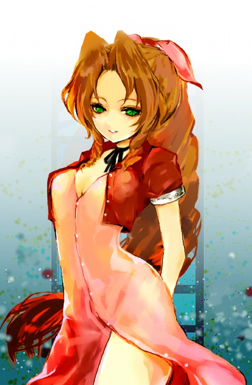 kazzz, aerith gainsborough, final fantasy, final fantasy vii, 1990s (style), 1girl, arms behind back, brown hair, cropped jacket, dress, female focus, green eyes, jacket, long hair, pink ribbon, ponytail, ribbon, solo, very long hair