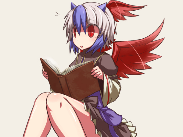 hakika, tokiko (touhou), curiosities of lotus asia, touhou, resized, book, dress, head wings, horns, multicolored hair, pixiv thumbnail, red eyes, short hair, wings