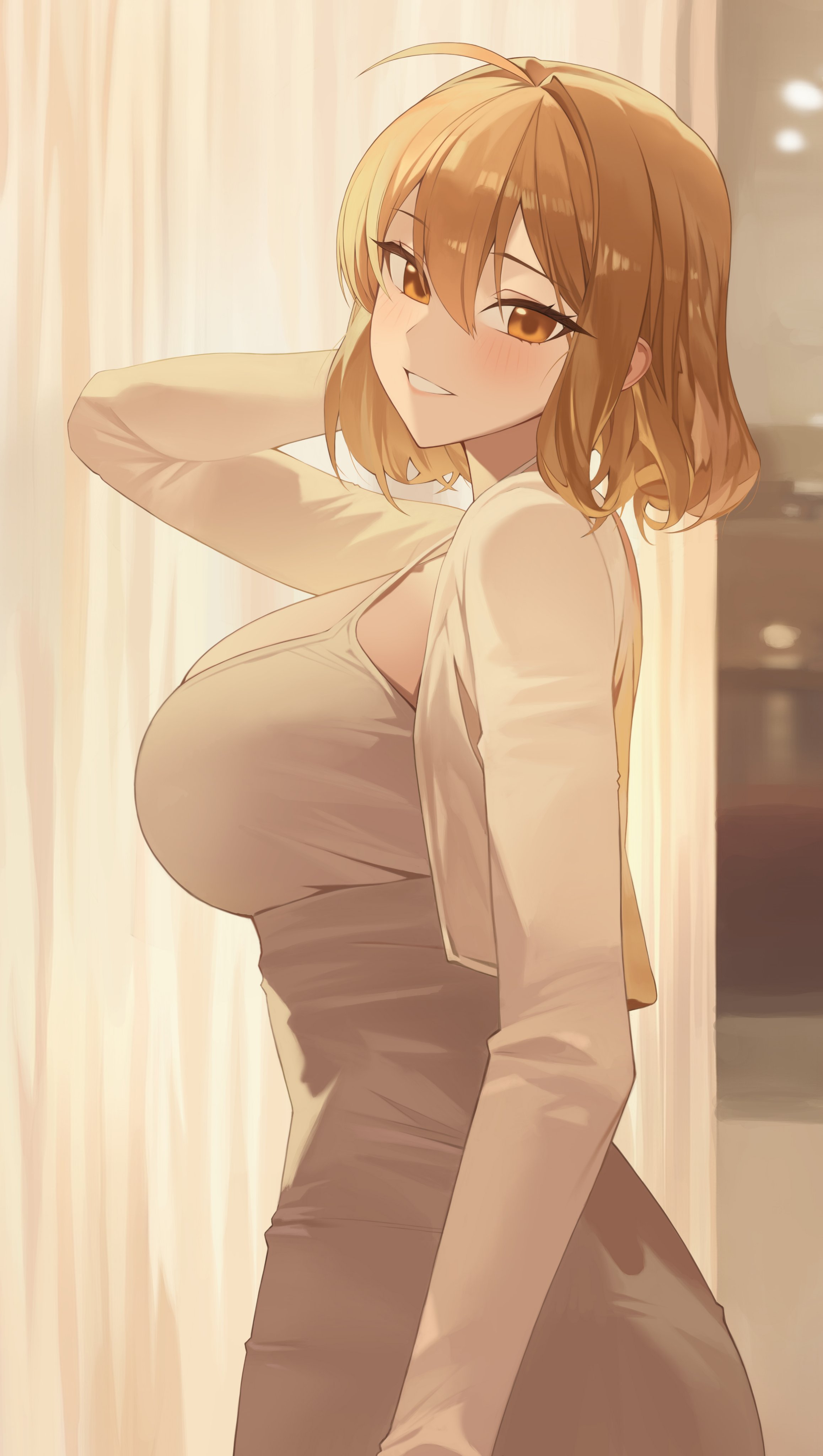 bllus, anis (nikke), goddess of victory: nikke, absurdres, commentary request, highres, 1girl, ahoge, alternate costume, blush, breasts, brown eyes, brown hair, curtains, hair between eyes, huge breasts, indoors, long sleeves, looking at viewer, short hair, smile, solo