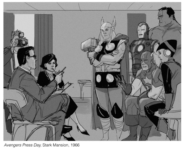 phil noto, captain america, iron man, janet van dyne, steve rogers, thor (marvel), tony stark, avengers (series), marvel, 2girls, 6+boys, armor, border, caption, curtains, english text, faux retro artstyle, gloves, greyscale, indoors, monochrome, multiple boys, multiple girls, power armor, retro artstyle, sitting, spandex, star (symbol), superhero costume, talking, wasp, white border, window