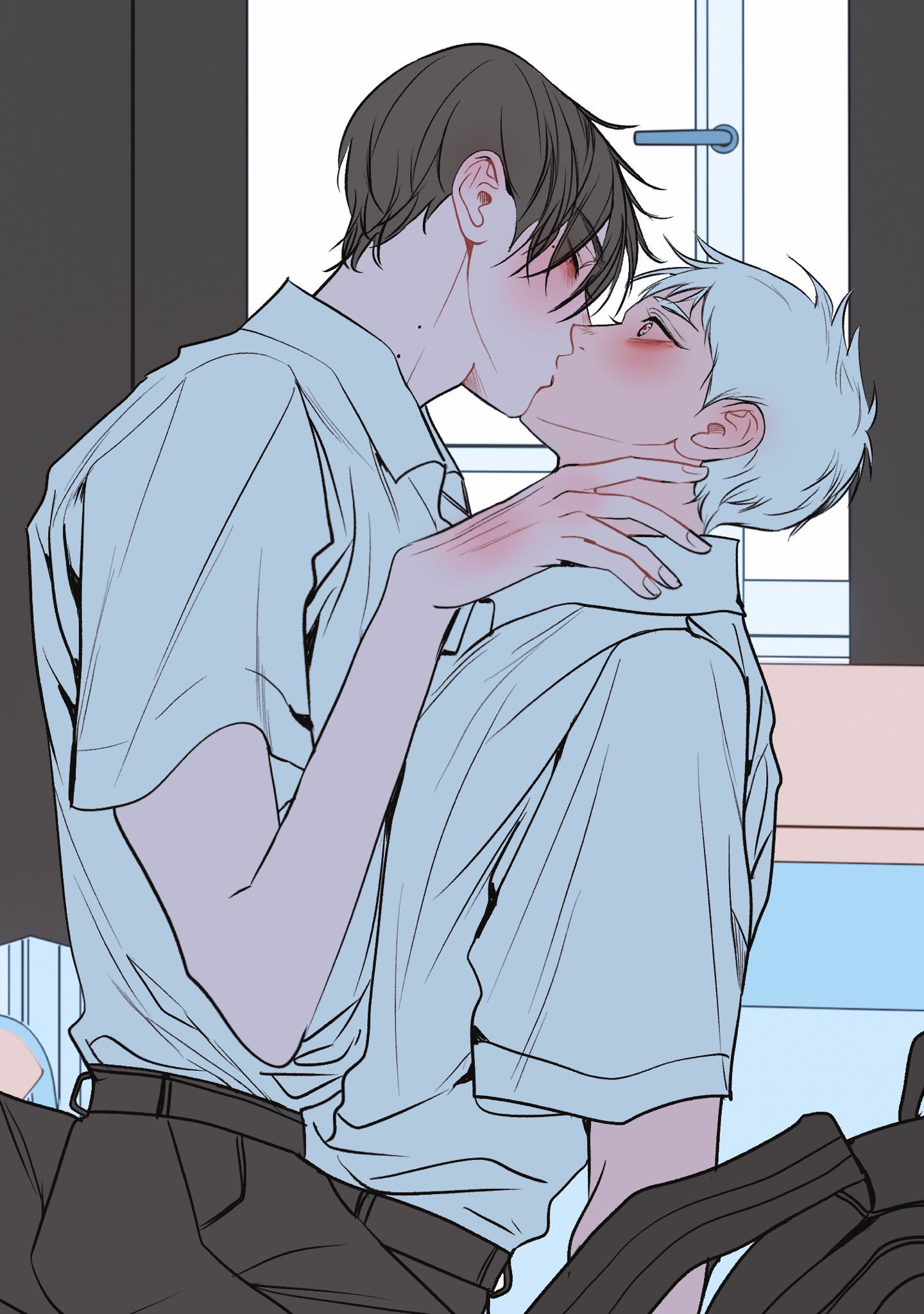 indou hikaru, tsujinaka yoshiki, hikaru ga shinda natsu, highres, 2boys, backpack, bag, black bag, black hair, black pants, blush, closed eyes, collared shirt, grey eyes, hair between eyes, hand on another's neck, indoors, kiss, male focus, memon0te, mole, mole on neck, multiple boys, pants, school uniform, shirt, short sleeves, white hair, white shirt, wide-eyed, yaoi