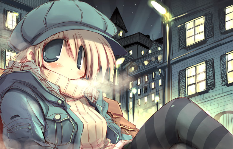 sakaki (noi-gren), blonde hair, blue eyes, blush, breath, hat, jacket, lamp, night, solo, star (symbol), striped clothes, striped thighhighs, thighhighs, turtleneck, window