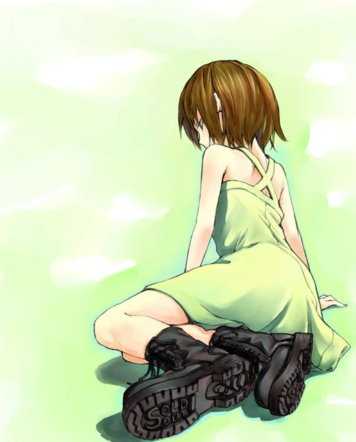 gou (double trigger), original, 1girl, back, bare shoulders, boots, brown hair, dress, english text, female focus, short hair, sitting, solo, sundress