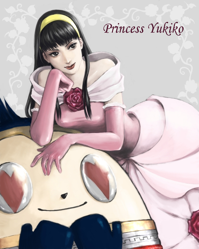 nejinejimakimaki, amagi yukiko, kuma (persona 4), atlus, persona, persona 4, 1girl, bare shoulders, black eyes, black hair, breasts, dress, elbow gloves, female focus, flower, gloves, hairband, heart, long hair, plant, rose, solo