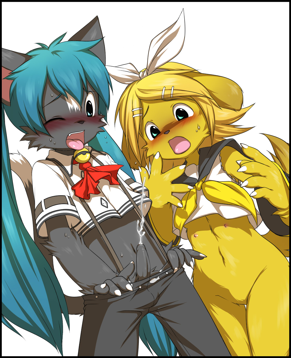 hatsune miku, kagamine rin, vocaloid, gender request, highres, 1boy, 1girl, animal ears, animalization, bottomless, cat, cum, dog, furrification, furry, furry male, genderswap, male focus, nipples, penis, shota, solo, tail, transformation