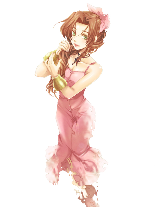 coco-nattou, aerith gainsborough, final fantasy, final fantasy vii, 1990s (style), 1girl, bare shoulders, bracelet, brown hair, dress, female focus, green eyes, jewelry, long hair, pink ribbon, ribbon, solo, white background
