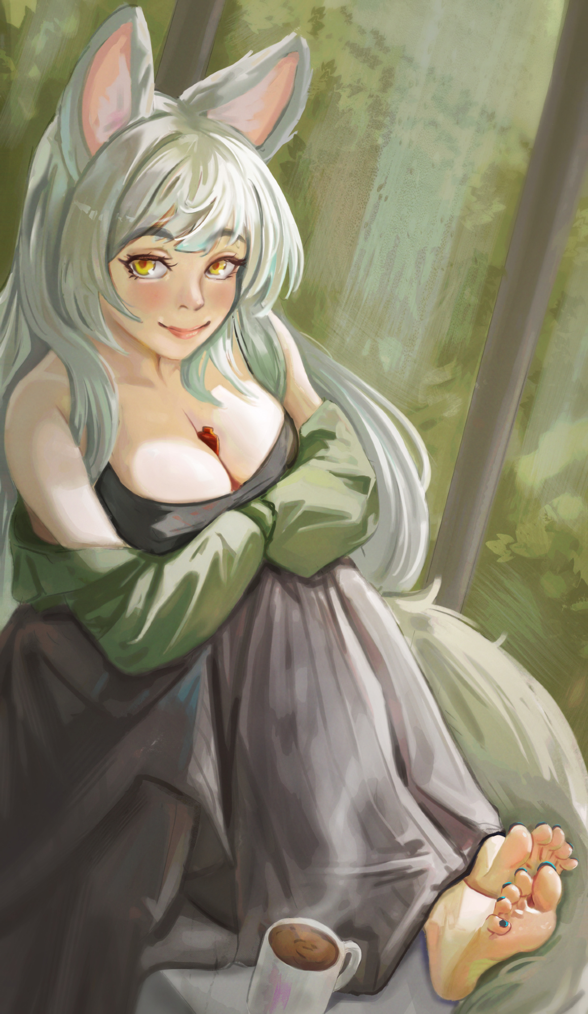 miserel, original, highres, 1girl, animal ears, bare shoulders, barefoot, between breasts, black shirt, blush, breasts, cleavage, coffee mug, cup, dress, fox ears, fox girl, fox tail, from above, green jacket, grey hair, indoors, jacket, large breasts, long hair, looking at viewer, looking up, mug, nail polish, on windowsill, shirt, sitting, soles, solo, steam, steaming cup, tail, thick eyebrows, toenail polish, toenails, window, yellow eyes
