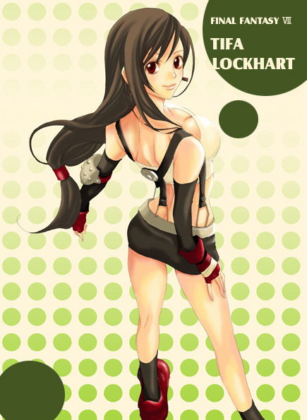 coco-nattou, tifa lockhart, final fantasy, final fantasy vii, 1990s (style), bare shoulders, black hair, elbow gloves, fingerless gloves, gloves, long hair, looking back, miniskirt, red eyes, skirt, suspenders, tank top