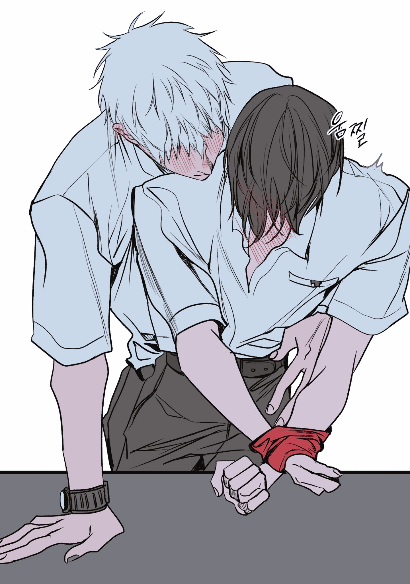 indou hikaru, tsujinaka yoshiki, hikaru ga shinda natsu, highres, 2boys, arm around waist, black hair, black pants, blush, bound, bound wrists, collared shirt, hair between eyes, leaning forward, male focus, memon0te, multiple boys, pants, shirt, short hair, short sleeves, upper body, watch, white background, white hair, white shirt, wristwatch, yaoi