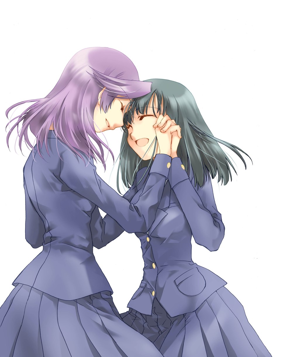 kapiko, kajiki yumi, touyoko momoko, saki (manga), highres, 00s, black hair, blazer, closed eyes, happy, holding hands, jacket, open mouth, purple hair, school uniform, short hair, smile, yuri