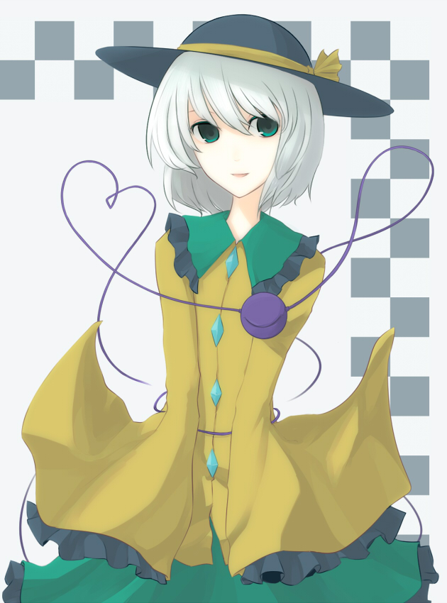 kazeharu, komeiji koishi, touhou, silver hair, bad id, bad pixiv id, 1girl, closed eyes, female focus, green eyes, hat, heart, heart of string, short hair, solo